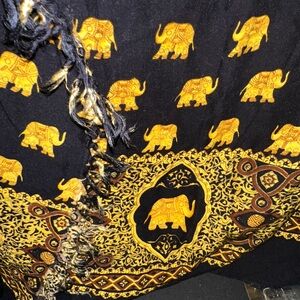 Black and Gold Elephant Patterned Fringed Scarf 100% Rayon 80x60”